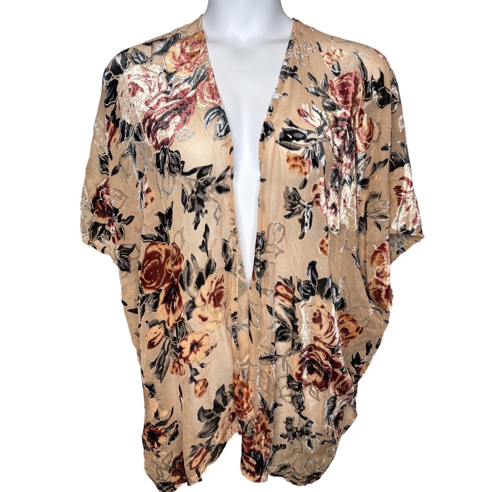 Womens Floral Beige Burgundy Gold Metallic Velvet Burnout Cardigan One Size Boho